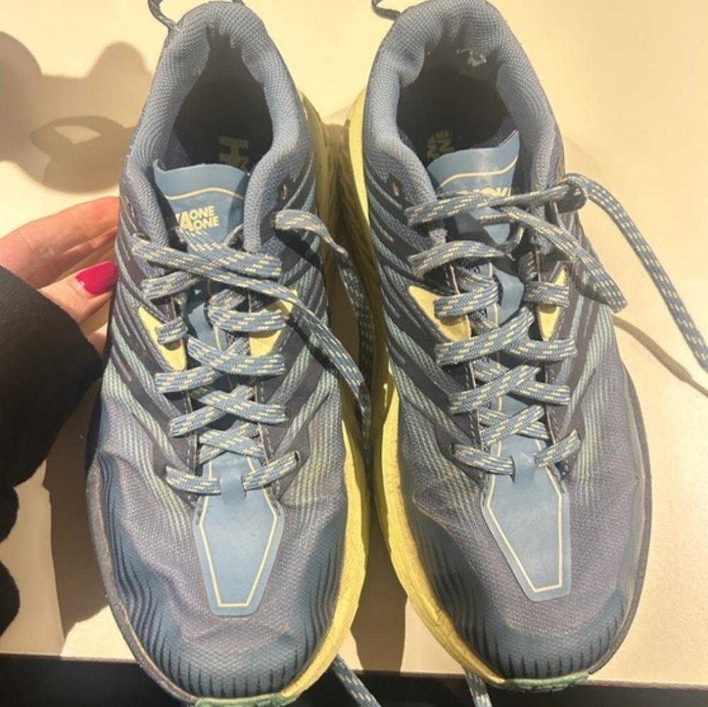 Hoka One One Speedgoat 4 Sky Blue and Lemon Sneakers
